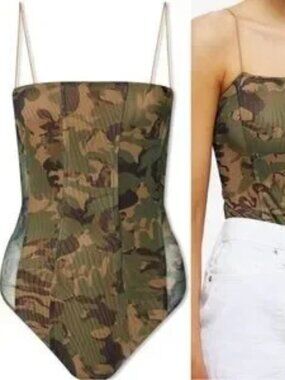 NWT GOOD AMERICAN Bodysuit Womens XS Green Camo Mesh Corset Army Print 0